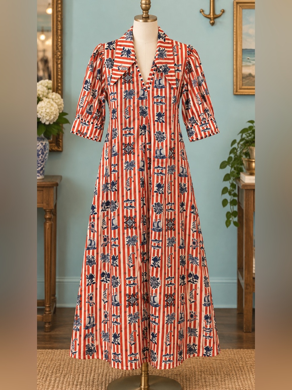 Veroalife sardine Striped Floral V-Neck Maxi Dress Red Navy Sz 1/S $340 NWT
